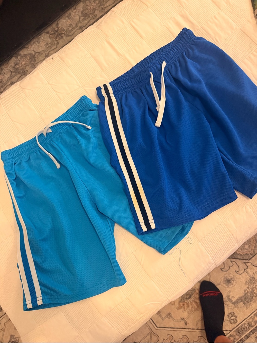 Amazon Boys' Dual Blue Athletic Shorts with White Stripes 6/7 Like New